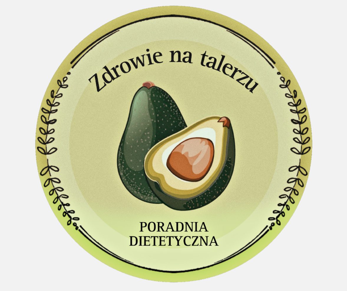 Logotyp poradni dietetycznej "Zdrowie na talerzu" przedstawiony na okrągłym tle. Centralnym punktem jest owoc awokado w całości i przekrojony na pół. Stylistyka grafiki jest delikatna, z przewagą odcieni zieleni i beżu, zwieńczona napisem informującym o profilu działalności.