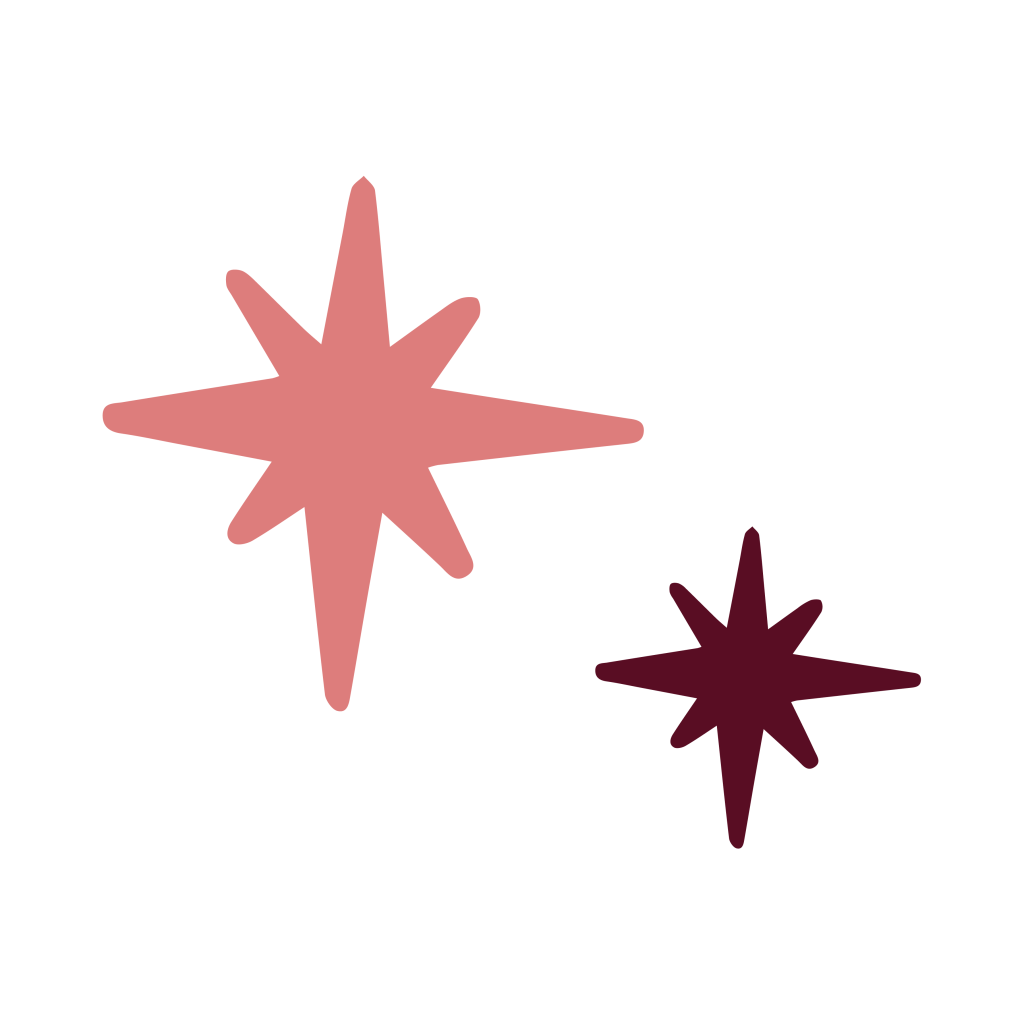 Ilustracja dwóch stylizowanych, ośmioramiennych gwiazd. Większa gwiazda po lewej jest w kolorze przygaszonego różu, natomiast mniejsza po prawej ma kolor ciemnego burgundu.